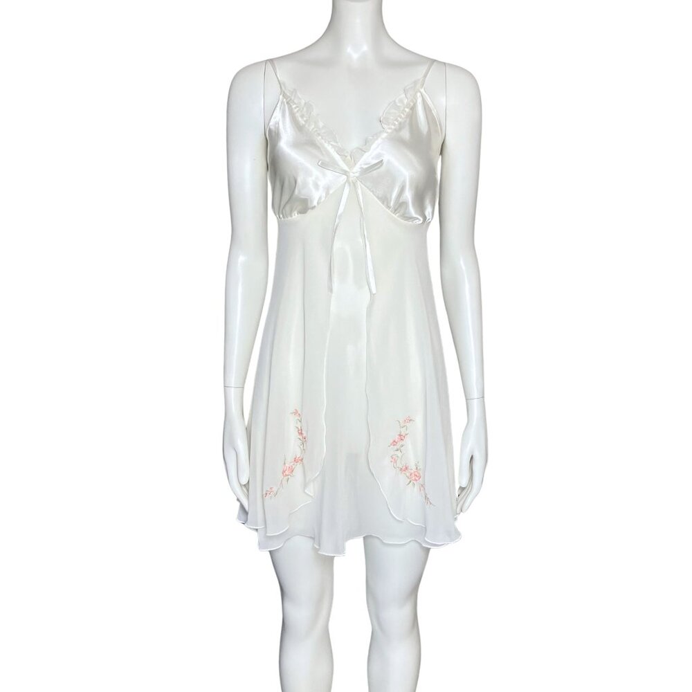 Vintage 90s Y2K Ivory Slip Dress Embroidered Bridal Coquette. Medium. Lingerie